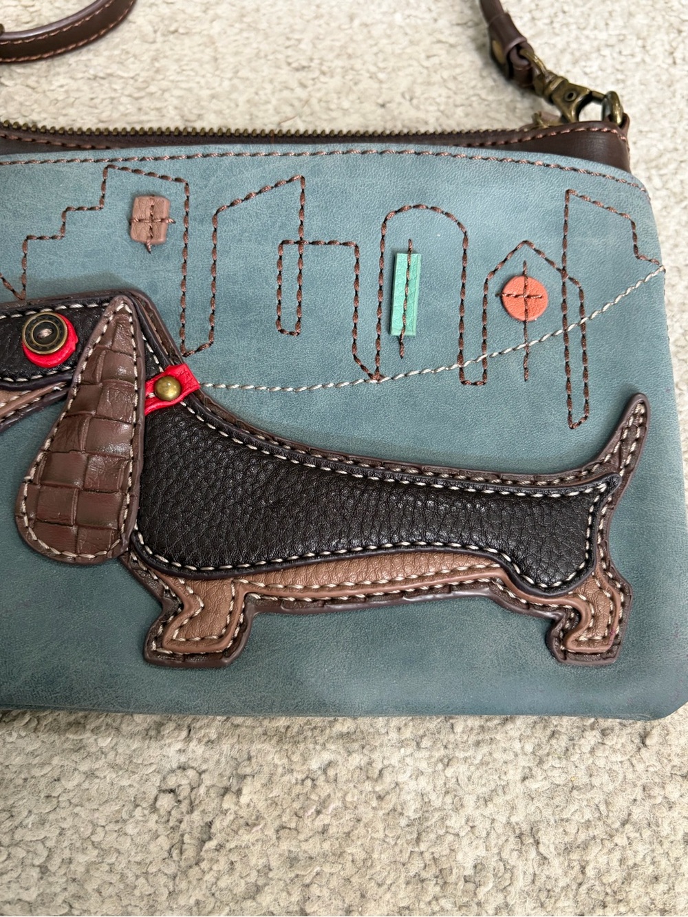 NWOT Chala Dachshund Wiener Dog Bag in Indigo & Brown, 2 Adjustable Straps - Picture 5 of 12